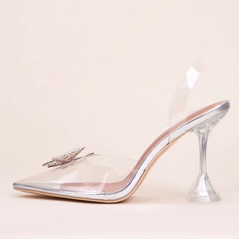 Clear Rhinestone Decor Slingback Pointed Toe Pumps